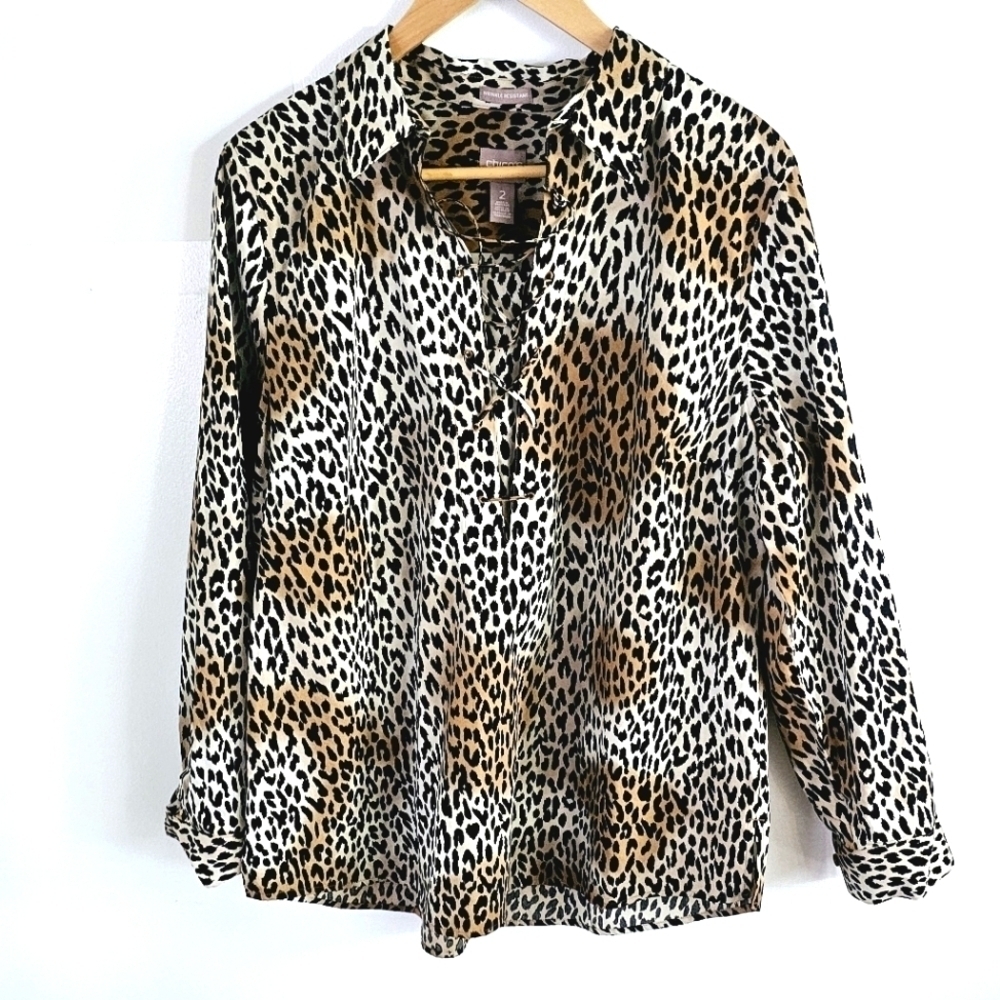 Chico's Chetah Animal Print Wrinkle Resistant Women's Pullover Blouse Size L